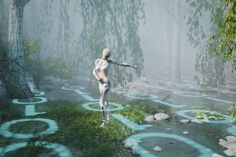 Cyborg woman standing in binary code forest