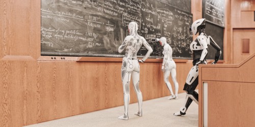 Robot women solving equations on blackboard