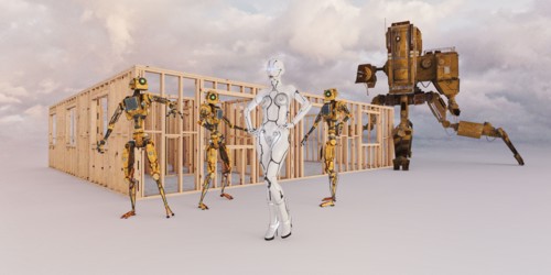 Robot construction workers distracted by a woman robot