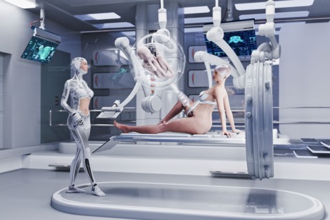 Futuristic nurses examining expectant mother