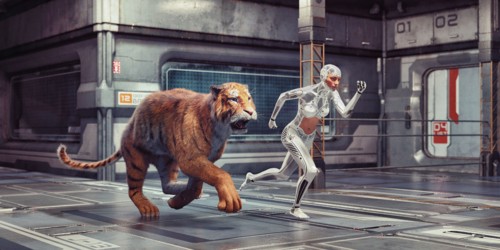 Futuristic woman robot racing tiger