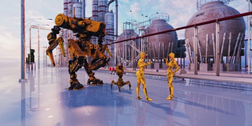 Women robots talking in futuristic city