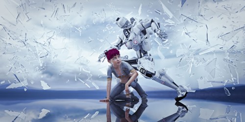 Robot protecting woman from falling shards of glass