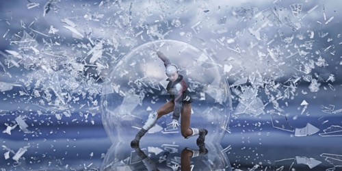 Futuristic woman in sphere protected from falling shards of glass