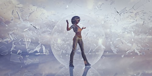 Woman standing in sphere protected from falling shards of glass