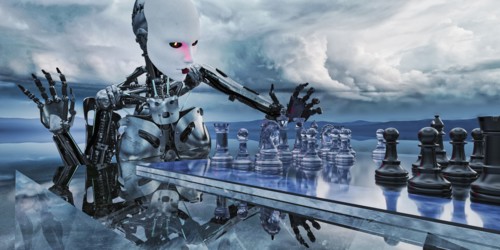 Robot woman playing chess in clouds