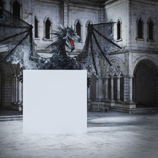 Dragon spreading wings behind blank sign