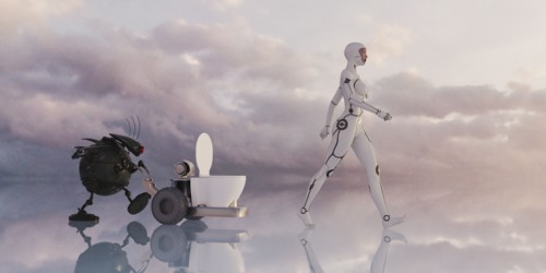 Robot pushing portable toilet behind android woman