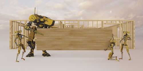 Construction robots holding wooden board with copy space
