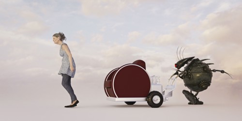 Robot pushing armchair behind older woman