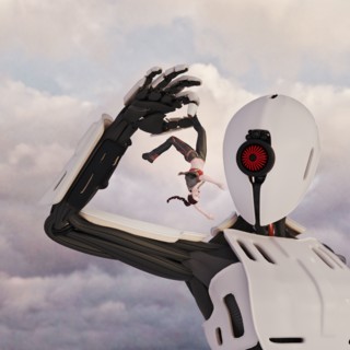 Giant robot holding woman upside-down by leg