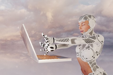 Robot woman using floating laptop