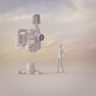 Android woman watching floating power plant