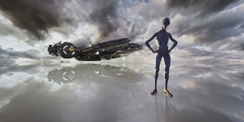 Aliens standing in clouds near spaceship