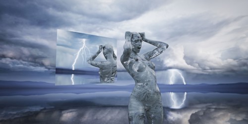 Hologram reflection of frustrated futuristic woman