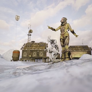Futuristic woman and robot exploring frozen tundra