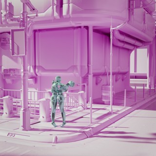 Robot couple hugging in futuristic pink city