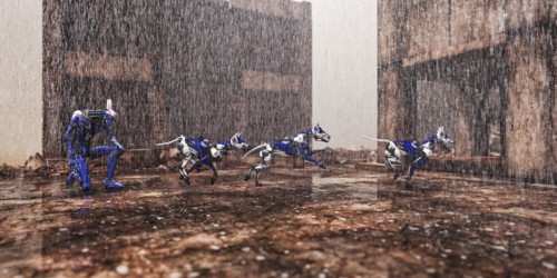 Robot dogs running in rain