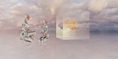 Women robots crouching near brain in cube