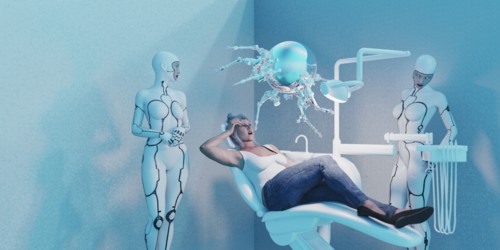 Android women watching robot perform dentistry on woman
