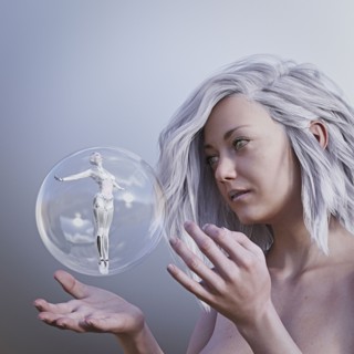 Women watching robot woman in floating sphere