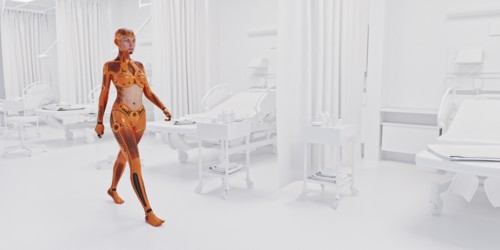 Orange android woman walking in white hospital
