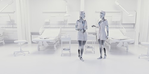 Robot nurses talking in hospital