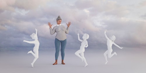Woman watching dancing virtual children