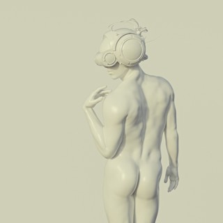 White muscular man wearing virtual reality goggles looking back