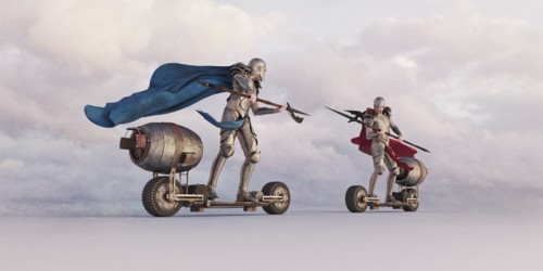 Knights jousting on futuristic skateboards