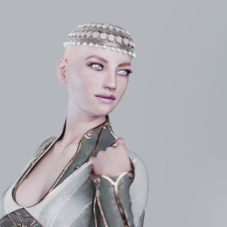 Futuristic woman wearing ornate headpiece