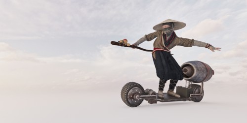 Traditional farmer riding futuristic skateboard