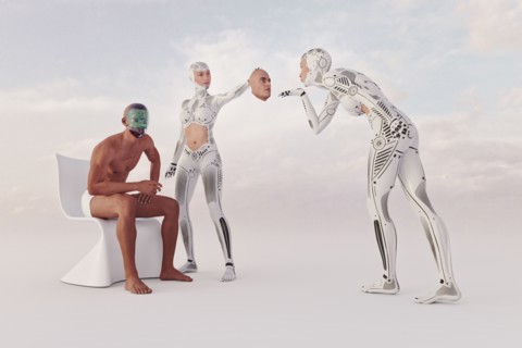 Futuristic woman removing face of robot man revealing circuits