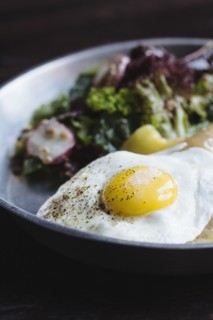 Close up of plate of fried egg and salad
