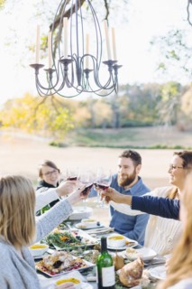 Friends toasting with wine at outdoor table