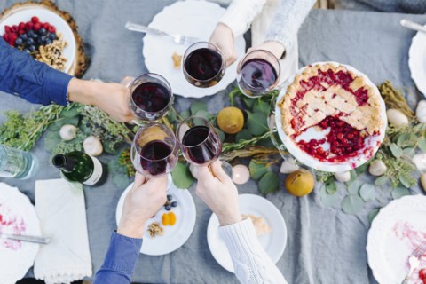 Friends toasting with wine at outdoor table