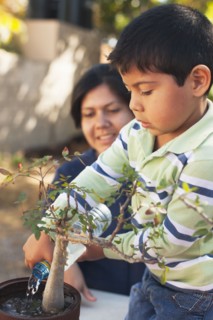 Hispanic mother and son gardening together