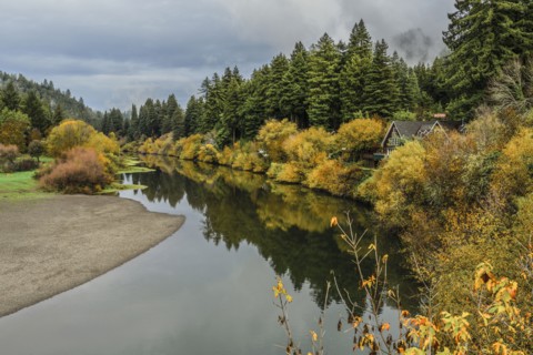 Still lake and house in remote forest