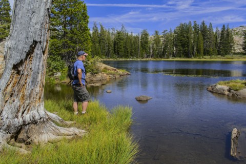 Caucasian man admiring remote lake