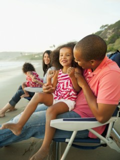Family sitting together on beach