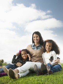Mother and daughters sitting in grass