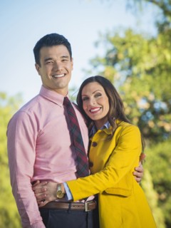 Couple hugging outdoors