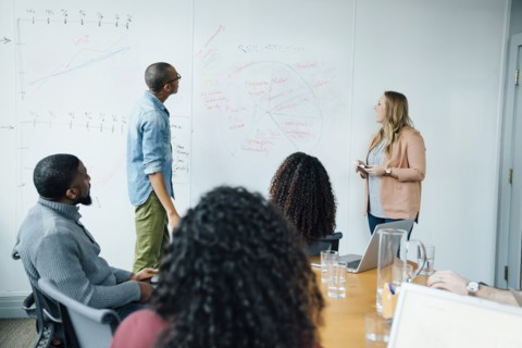 Business people using whiteboard in meeting