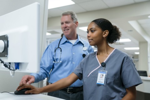 Doctor and nurse using computer