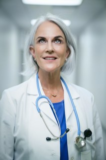 Smiling Caucasian doctor looking up