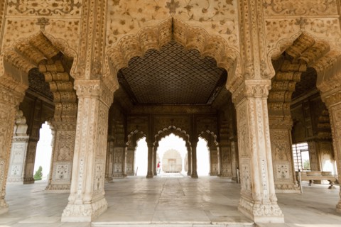 Ornate pillars and arches in Indian building