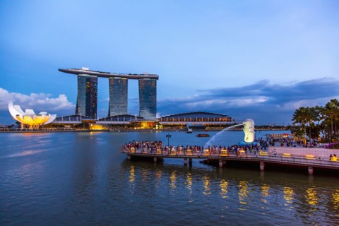 Singapore city skyline lit up at night