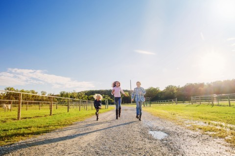 Caucasian children walking on dirt road on ranch