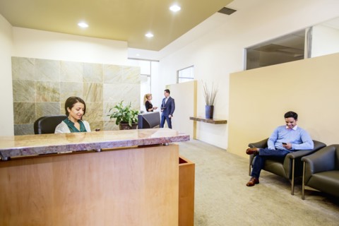 Business people working in office lobby