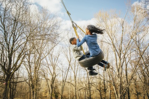Black brother and sister playing on tire swing